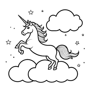 Schwebendes Einhorn über flauschigen Wolken Ausmalbild für träumerische Entdecker