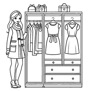 Faszinierender Kleiderschrank mit schillernden Kleidern und Taschen Ausmalvorlage für kreative Stil-Entdecker