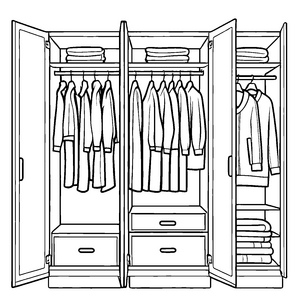Farbenfroher Kleiderschrank mit vielen hübschen Shirts Malvorlage für kleine Stilprofi-Entdecker