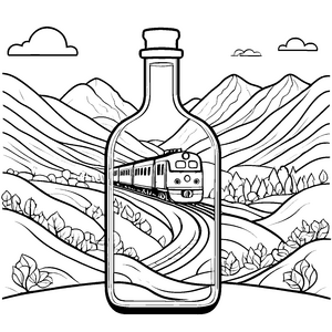 Faszinierende Flasche mit drolligem Zug in Berglandschaft Ausmalmotiv für abenteuerlustige Künstler