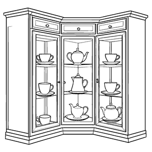 Fantasievoller Eckschrank mit einzigartigen Kaffeetassen Ausmalbild für kleine Entdecker-Profis