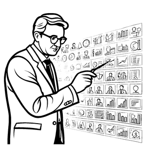 Mann mit Brille und Grafiken in Diskussion Ausmalbild für neugierige Köpfe
