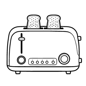 Futuristischer Toaster mit knusprigen Brotstücken Ausmalmotiv für neugierige Frühstücksdetektive