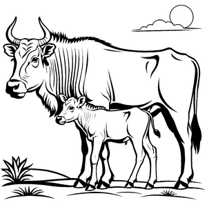 Süßes Gnu-Jungtier neben seiner fürsorglichen Mutter Ausmalmotiv für abenteuerlustige Naturentdecker