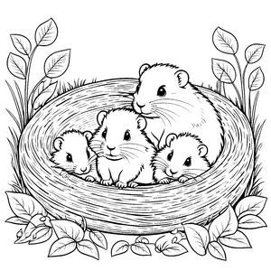Fünf putzige Lemminge kuscheln im gemütlichen Nest Ausmalbild für tierliebe Abenteurer