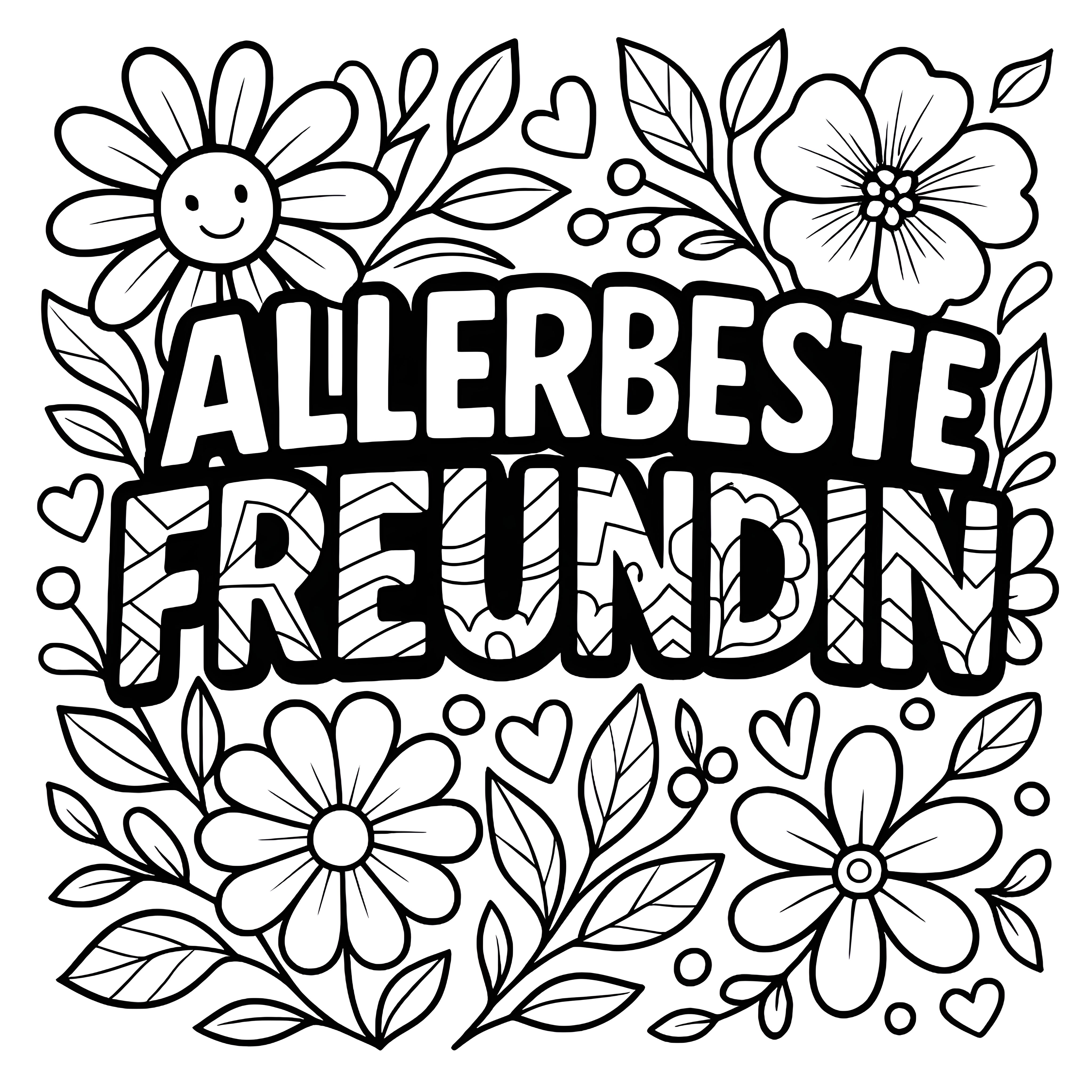 Wunderschöne Blüten mit herzlichem Spruch Ausmalbild für fröhliche Farbentdeckerinnen
