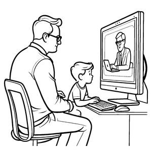 Vater und Sohn am spannenden Computer-Abenteuer Ausmalmotiv für neugierige Entdecker