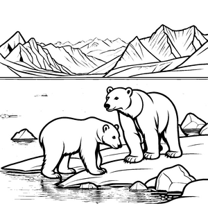 Zwei verspielte Eisbären am ruhigen Fluss Ausmalbild für kleine Entdecker mit Abenteuergeist