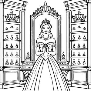 Elegante Prinzessin vor prachtvollem Schminktisch Ausmalvorlage für kleine Stil-Entdecker