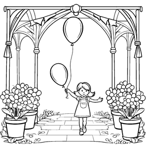 Mädchen mit zwei bunten Luftballons unter einem Tor Ausmalmotiv für kleine Entdeckerinnen
