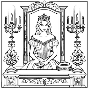 Bezaubernde Prinzessin mit funkelnder Tiara auf der Bank Ausmalvorlage für fantasievolle Heldinnen