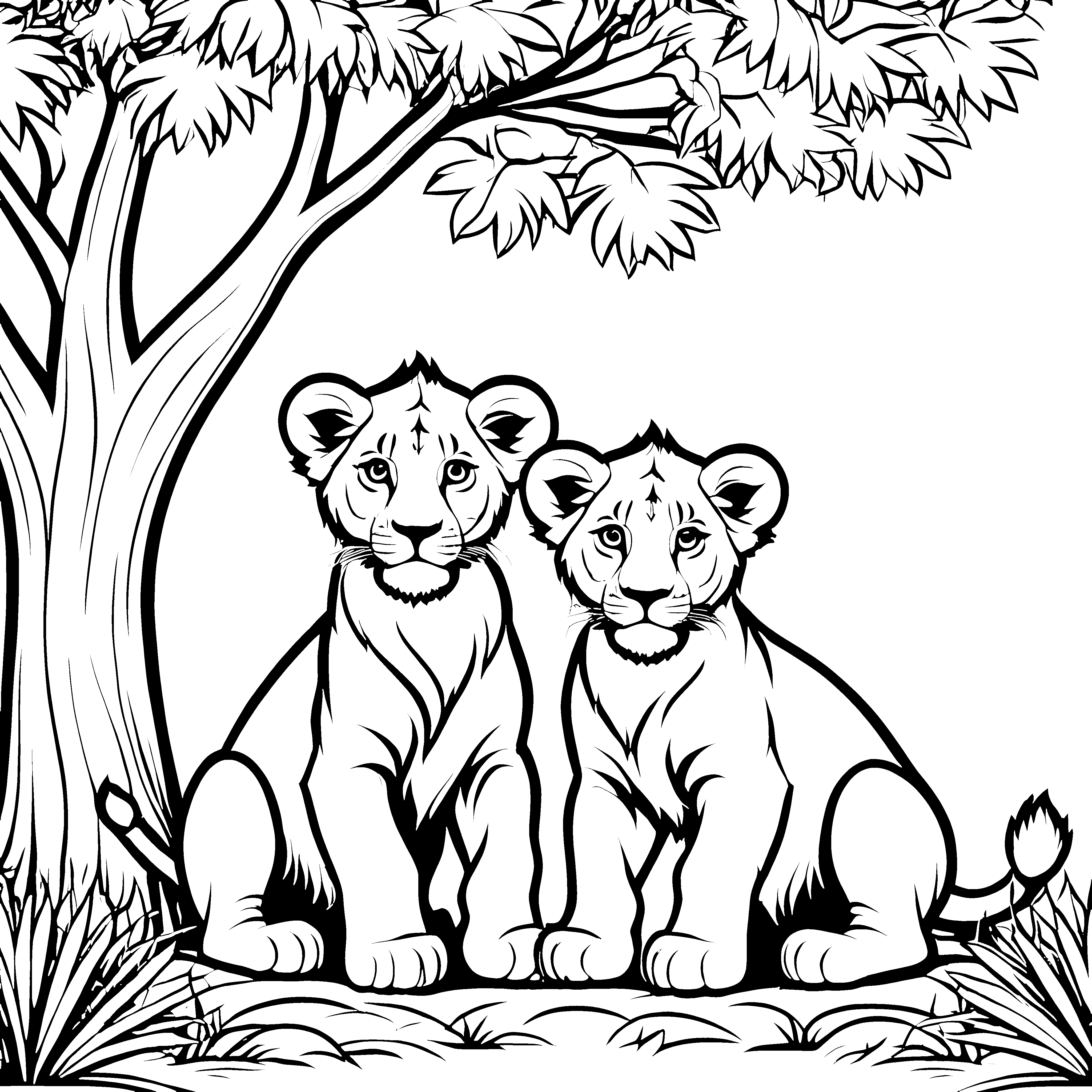 Zwei niedliche Löwenbabys unter buntem Baum Ausmalbild für fantasievolle Tierfreunde
