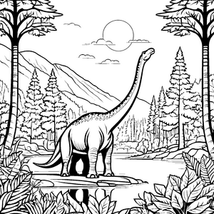 Majestätischer Brachiosaurus am funkelnden See Ausmalmotiv für junge Entdecker mit Abenteuerlust