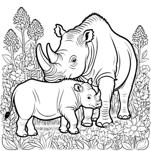 Bezaubernde Wollnashorn-Mutter mit neugierigem Kalb Malvorlage für kleine Entdecker