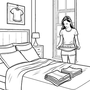 Harmonische Frau mit gefalteten Damen-T-Shirts im Schlafzimmer Malvorlage für kreative Lebensgestalter