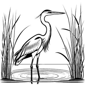 Blauer Reiher am Wasser mit Röhren Ausmalbild für neugierige Naturfreunde