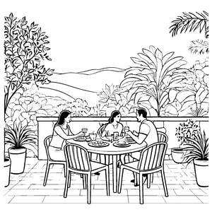 Begeisternde Terrassenatmosphäre mit fröhlichen Familienmitgliedern Ausmalbild für neugierige Tafelrunden