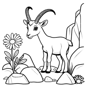 Frohes Steinbock-Baby zwischen bunten Blumen Ausmalmotiv für fantasievolle Naturfreunde
