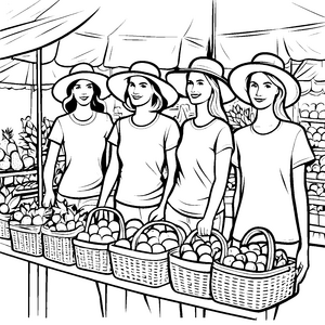 Charmante Frauen in T-Shirts am Obststand Ausmalbild für fröhliche Nachwuchs-Künstler