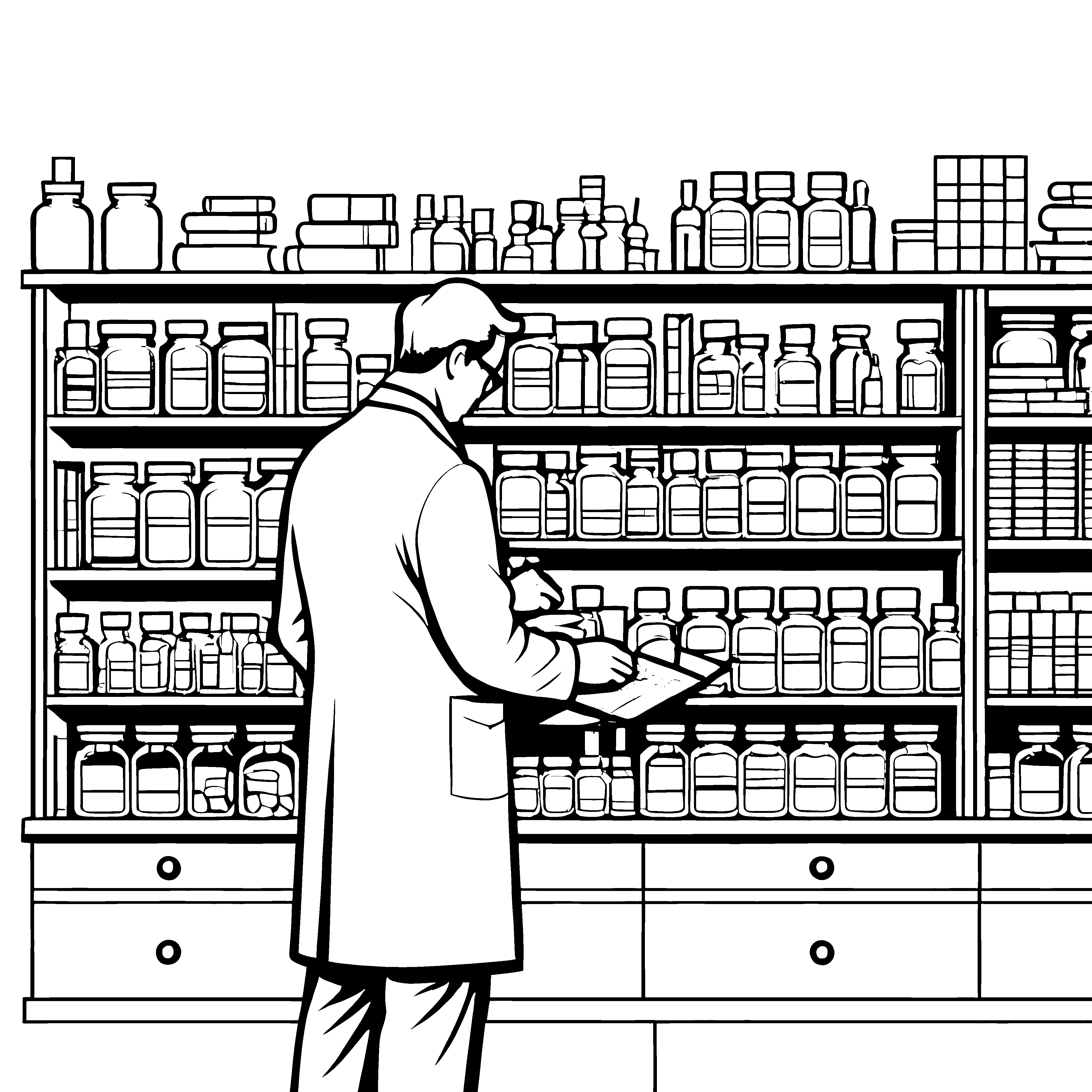Magischer Apotheker vor mysteriösen Fläschchen Ausmalbild für kleine Wissenshungrige