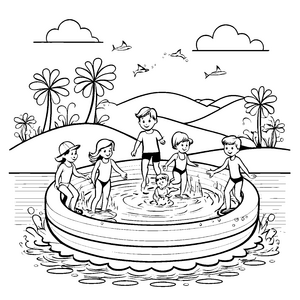 Spielende Kinder im spritzigen Poolparadies Ausmalmotiv für neugierige Wasserratten