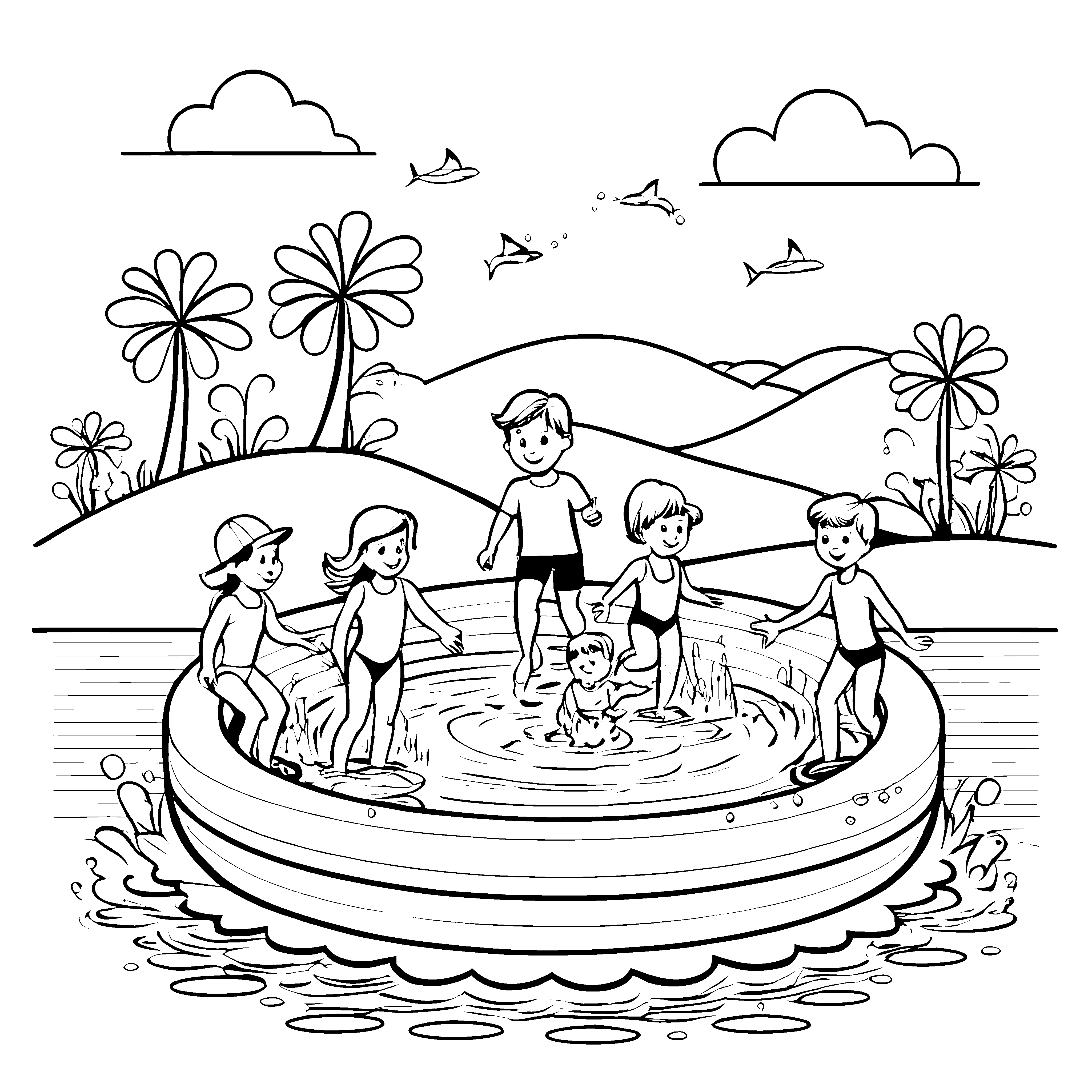 Spielende Kinder im spritzigen Poolparadies Ausmalmotiv für neugierige Wasserratten