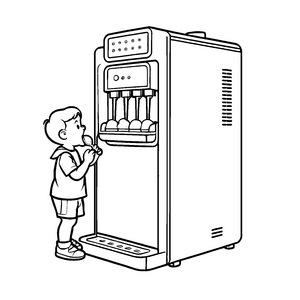 Junge genießt erfrischende Eiscreme neben cool erfrischenden Eismaschine Ausmalbild für kleine Frostliebhaber