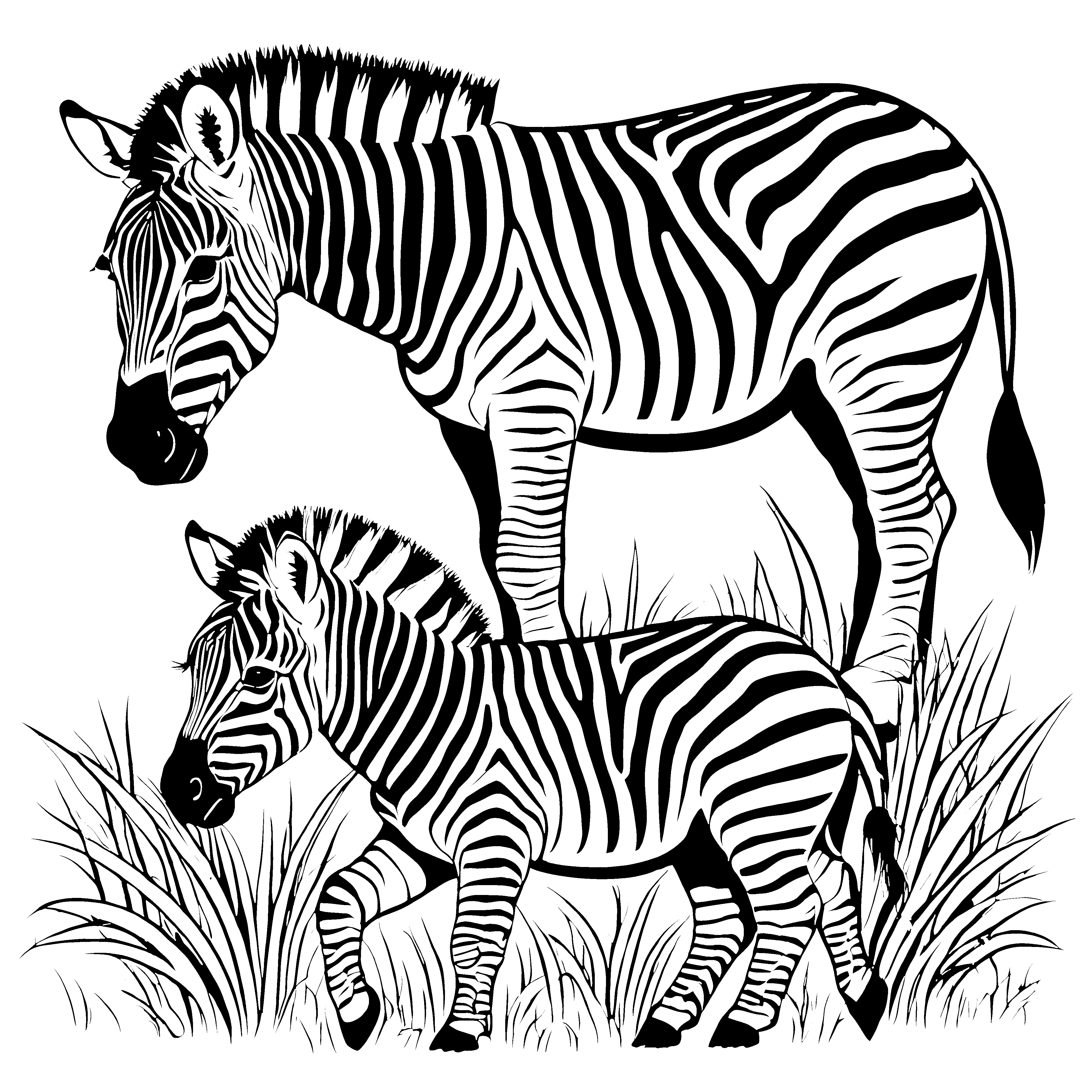 Schutzbedürftiges Zebra-Fohlen an liebevoller Mutter Ausmalbild für neugierige Tierfreunde