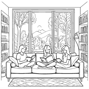 Drei lesende Frauen auf gemütlichem Sofa Ausmalbild für kreative Köpfe