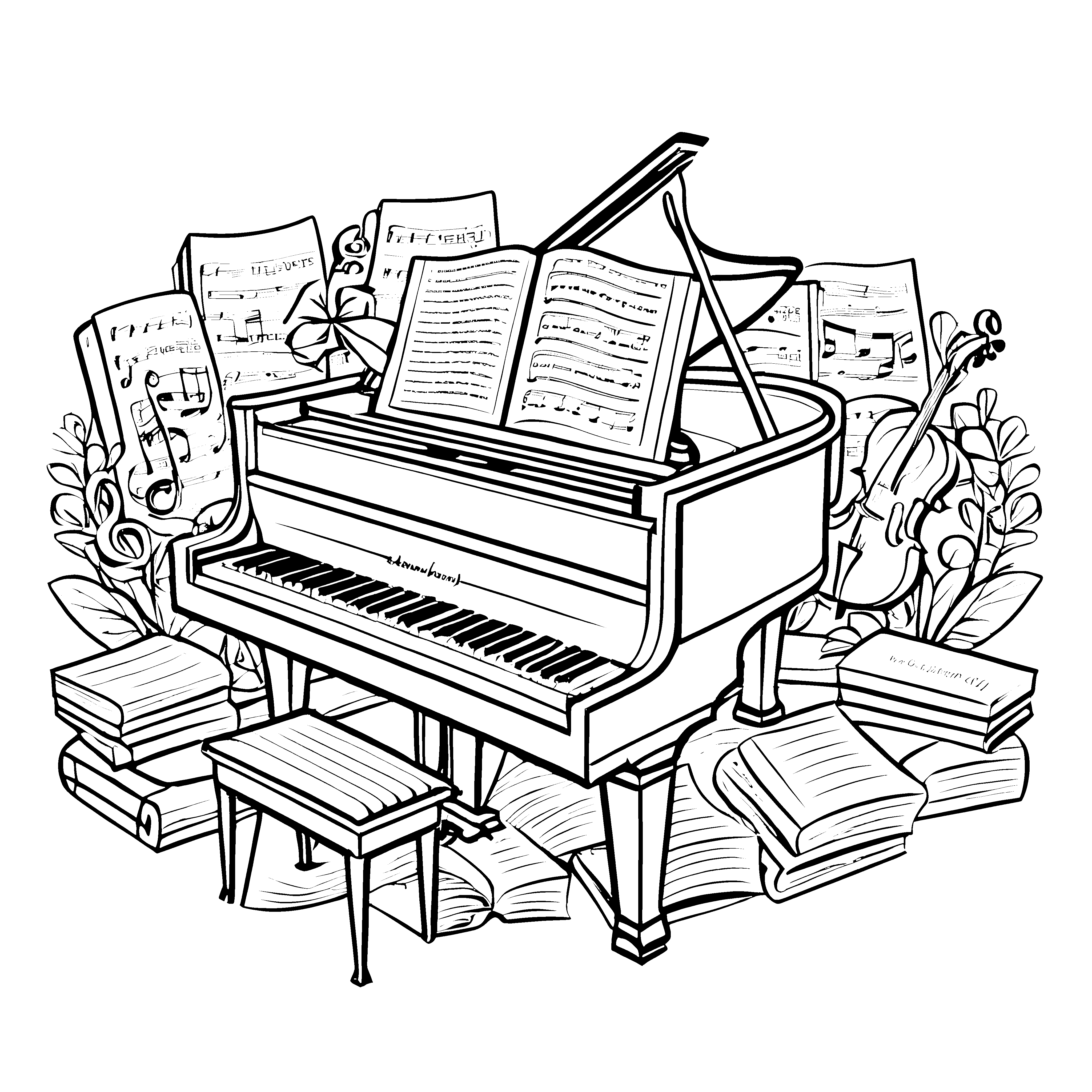 Harmonisches Klavier mit offenen Notenblättern Malvorlage für träumerische Musikenthusiasten