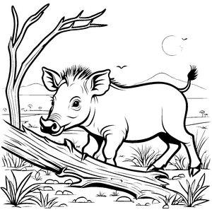 Witziges Warzenschwein-Jungtier auf Baumstamm Ausmalbild für kleine Abenteurer