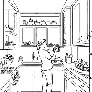 Fröhliche Küchenszene mit bunten Früchten und Gemüse Ausmalbild für kleine Küchenzauberer und kreative Entdecker