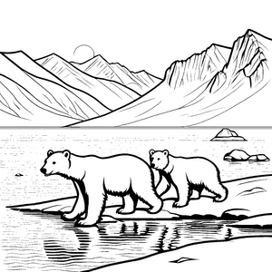 Zwei neugierige Eisbären am schimmernden Wasser Ausmalbild für kleine Winterträumer