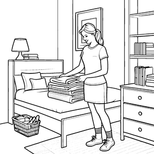 Organisierte Frau mit Wäschekorb und Büchern Ausmalbild für kreative Ordnungsliebe