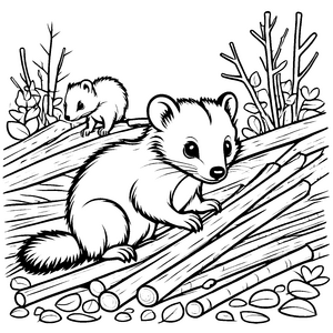 Verspielte Stinktier-Babys beim Entspannen auf Felsen Malvorlage für kleine Naturforscher und Tierliebhaber