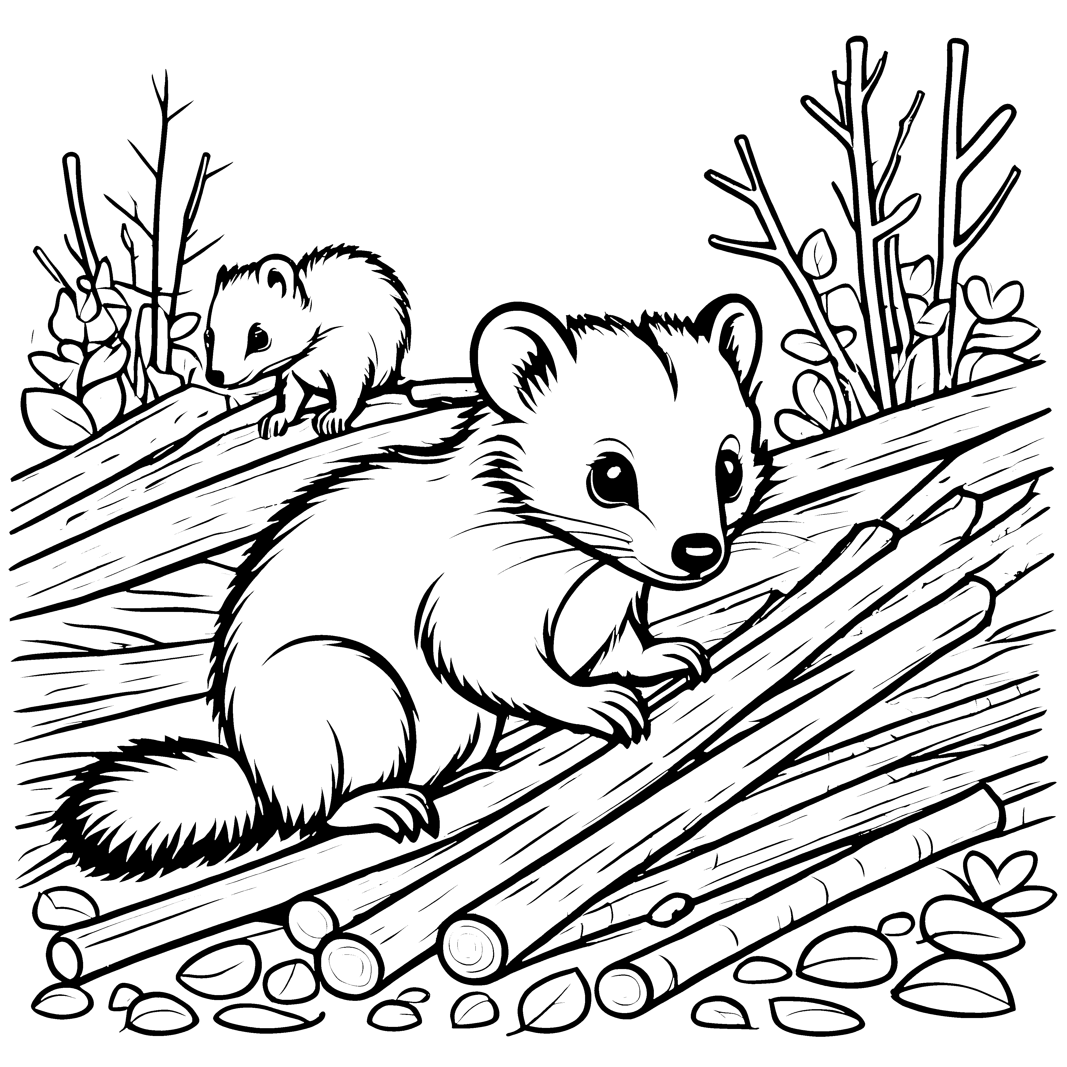 Verspielte Stinktier-Babys beim Entspannen auf Felsen Malvorlage für kleine Naturforscher und Tierliebhaber