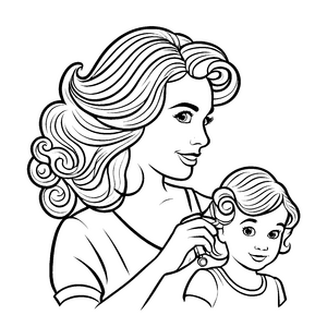Bezaubernde Friseurin mit lächelndem Kind Malvorlage für kleine Haarzauberer
