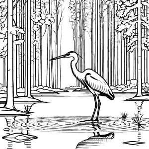 Faszinierender Reiher im Teich mit Bäumen Ausmalbild für kleine Wasserliebhaber