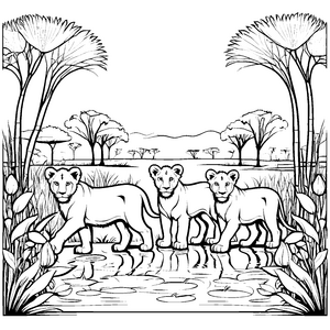 Drei faszinierende Löwenbabys bei plätscherndem Wasser Ausmalbild für neugierige kleine Entdecker
