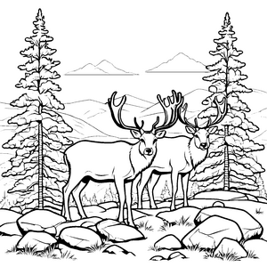 Zwei neugierige Rentiere im schneebedeckten Wald Ausmalmotiv für fantasievolle Naturforscher
