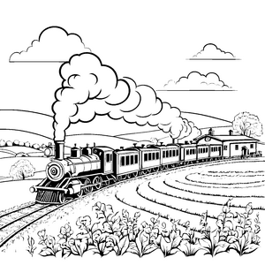 Dampflokomotive durchquert weitläufige Felder unter Wolken Ausmalbild für neugierige Ausmalkünstler auf der Reise
