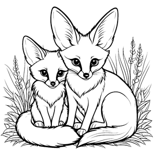 Zwei entzückende Wüstenfuchs-Babys in harmonischer Pose Malvorlage für neugierige Entdecker und kleine Künstler