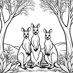 Drei freundliche Känguru-Jungtiere unter Bäumen Ausmalmotiv für fantasievolle Naturforscher