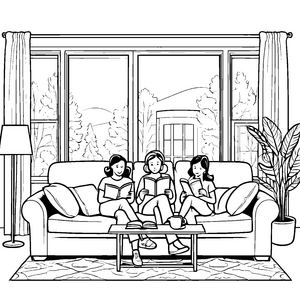 Drei neugierige Leserinnen auf stylischem Dreisitzer-Sofa Malvorlage für fantasievolle Bücherfreunde