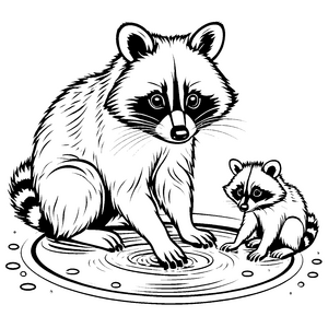 Kuschelige Waschbär-Mama mit ihrem verspielten Kind Ausmalbild für abenteuerlustige Tierfreunde