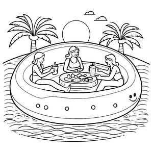Entspannte Frauen auf runder Badeinsel Malmotiv für fantasievolle Wasserfreunde