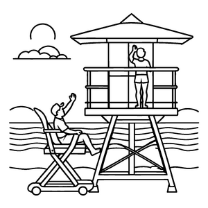 Lebhafter Bademeister unter buntem Sonnenschirm Ausmalbild für kleine Strandträumer