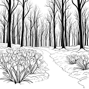 Faszinierende Krokusse im schneebedeckten Wald Ausmalbild für neugierige Winterkünstler