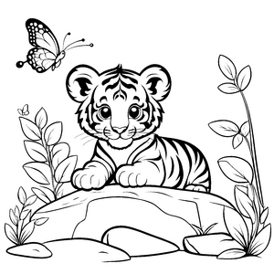 Fröhliches Tigerbaby auf einem großen Stein Ausmalvorlage für kreative Entdecker