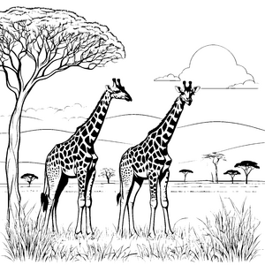 Zwei bezaubernde Giraffen im Sonnenuntergang Ausmalvorlage für junge Naturfreunde